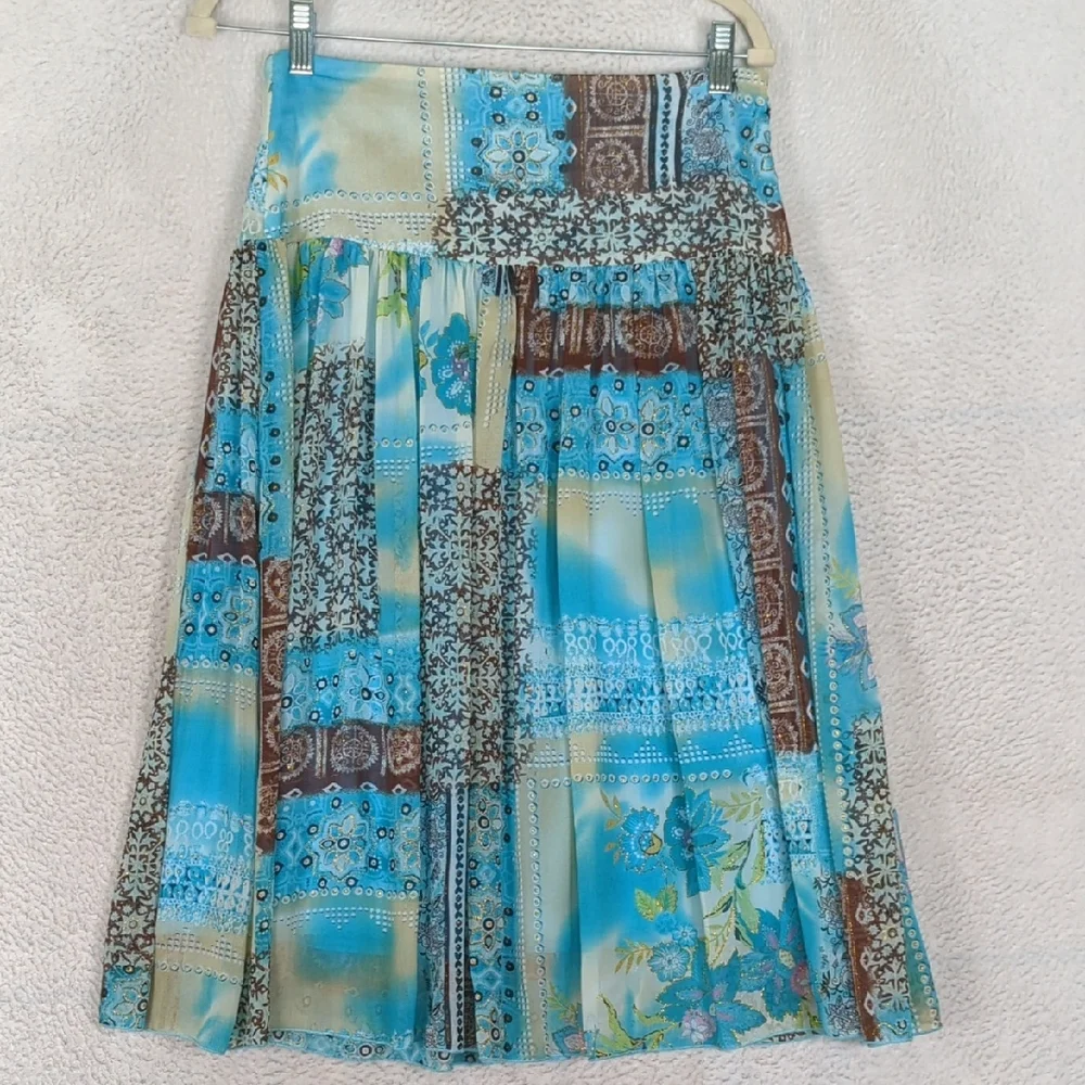 Ninety Women's Blue Y2K High Waist Whimsical Boho Farmhouse Midi‎ Skirt Size M